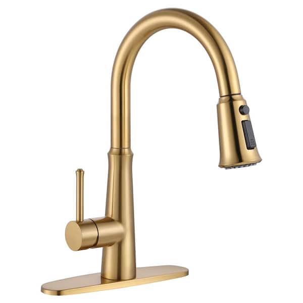 IVIGA Stainless Steel Single Handle Pull Down Sprayer Kitchen Faucet with 3-Function Sprayer and Deck Plate in Gold
