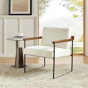 Juan White Modern Sherpa Arm Chair with Metal Base and Solid Wood Arm and Back