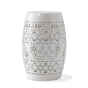 White 12 in. Barrel Metal Outdoor Side Table with Lace Cut Design for Patio, Garden and Backyard
