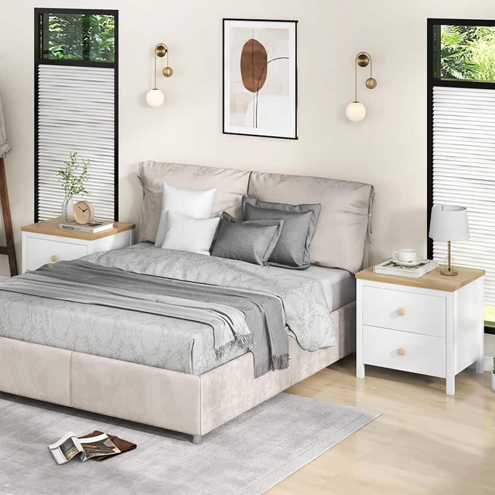 White 2 Drawer Nightstand with Rubber Wood Legs