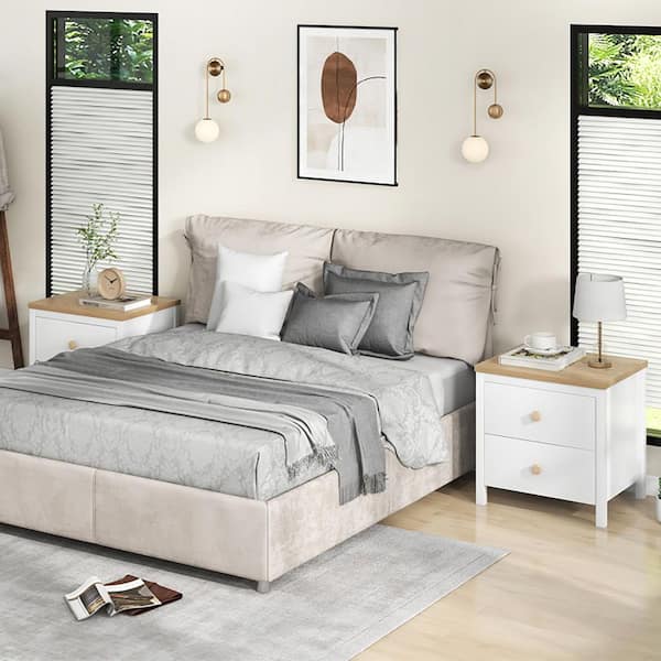 White 2 Drawer Nightstand with Rubber Wood Legs