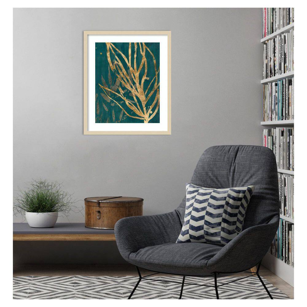 Golden Botanical Leaves on Teal Background Wood Framed Wall Art, 21 x 25 in.