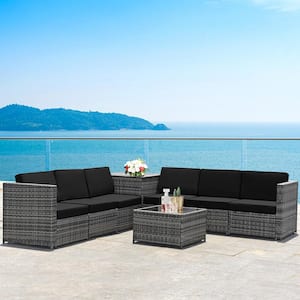 8-Pieces Patio Rattan Sofa Sectional Conversation Furniture Set with Black Cushion