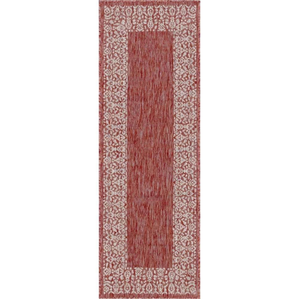 Rust Red Floral Easy-Care Outdoor Synthetic Runner Rug