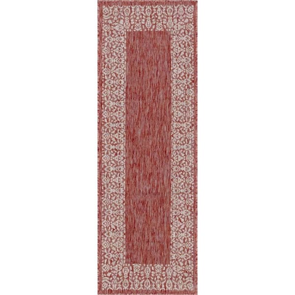 Outdoor Floral Border Rust Red 2 ft. x 6 ft. Runner Rug