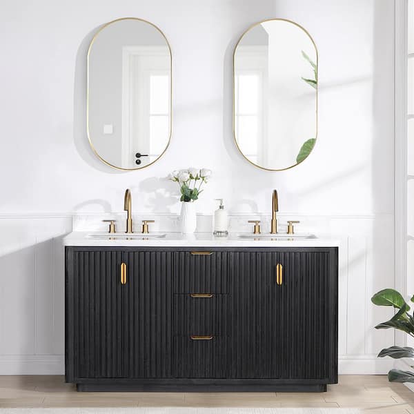 ROSWELL Cádiz 60 in. W x 22 in. D x 34 in. H Free-standing Double Bathroom Vanity in Fir Wood Black with White Composite Top