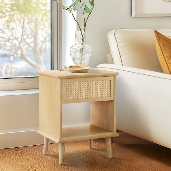 Teagan 18 in. Natural Rectangle MDF End Table with Charging USB Port and LED Touch Light