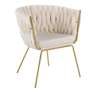 Braided Renee White Velvet and Gold Metal Arm Chair
