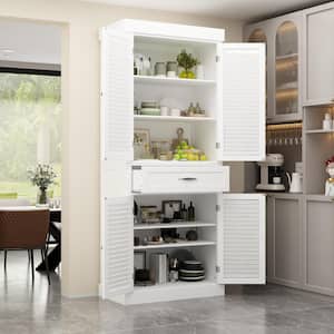 White Paint Wood Storage Cabinet With 4-Shutter Doors, Drawers and Adjustable Shelves For Office, Kitchen