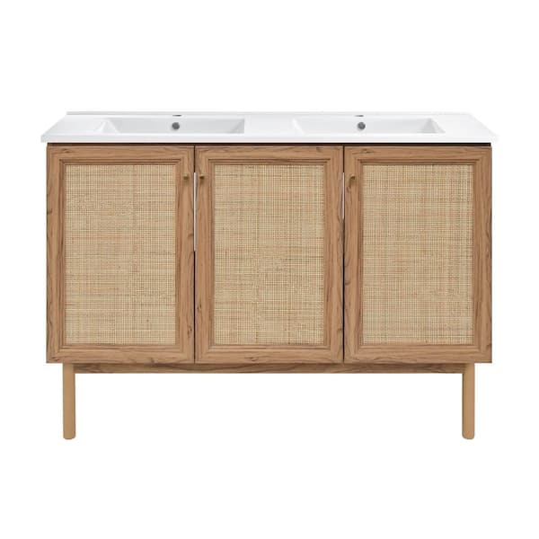 Swiss Madison Classe 48 in. Double Basin Bathroom Vanity in Brown Oak with White Ceramic Sink Top