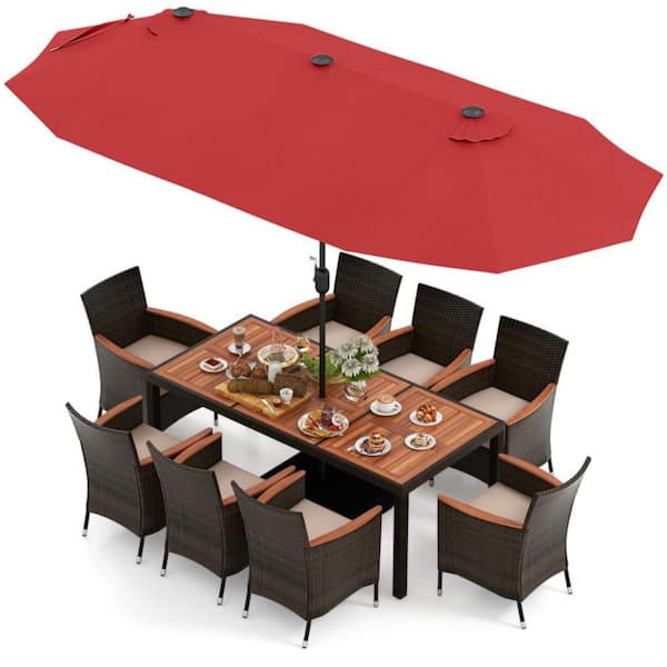10-Piece Rattan Wicker Outdoor Dining Set with Beige Cushions and 15 ft. Double-Sided Twin Red Patio Umbrella