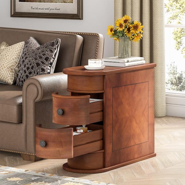 Eric 24 in. Brown Solid Wood Chairside End Table, Two-Drawer Narrow Side Table, Fully Assembled