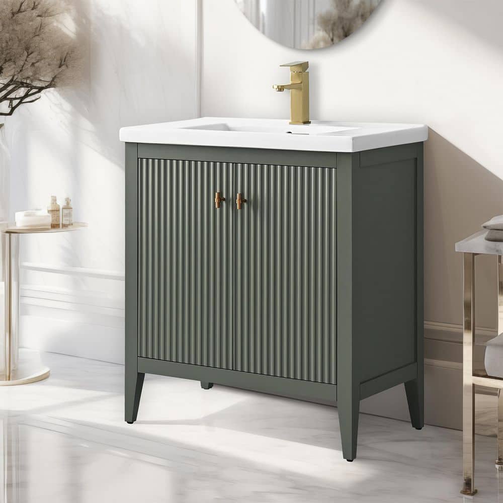 30" Green and Gold Poplar Wood Single Sink Bathroom Vanity