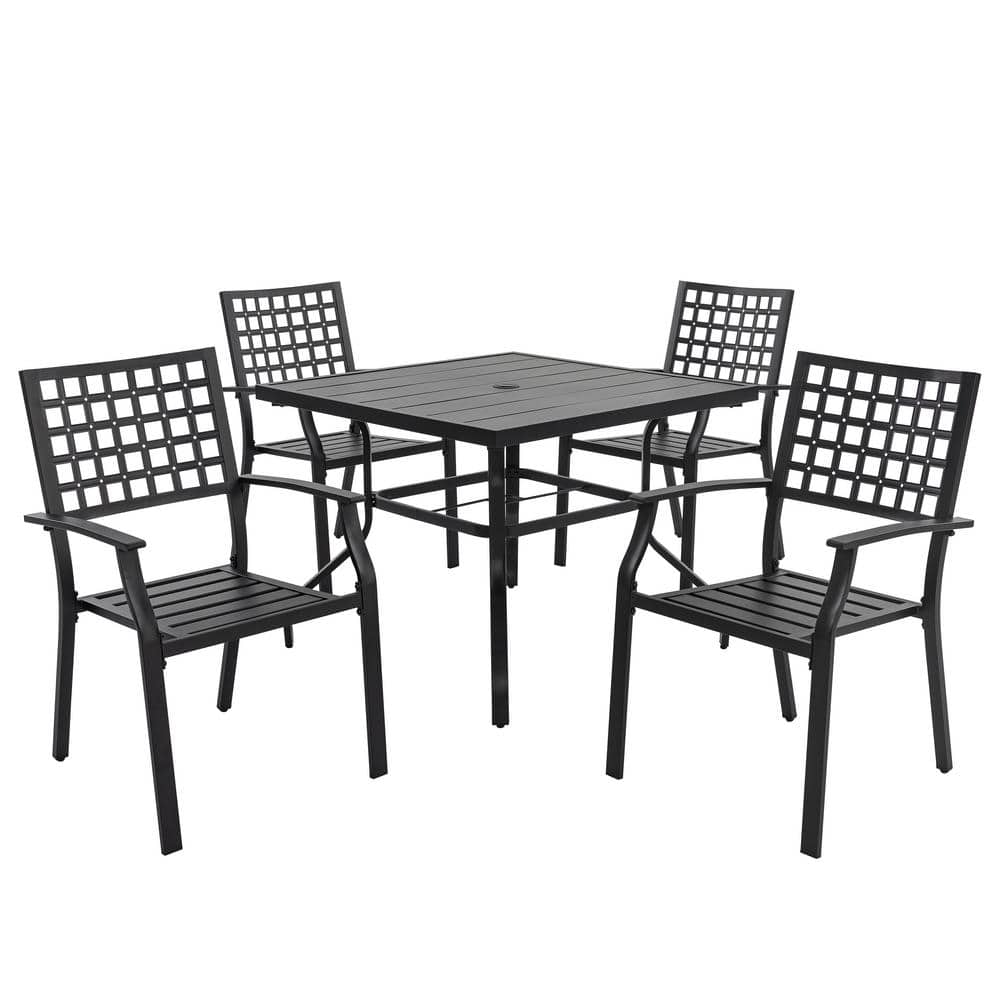 Black Iron 5-Piece Square Outdoor Dining Set with Umbrella Hole