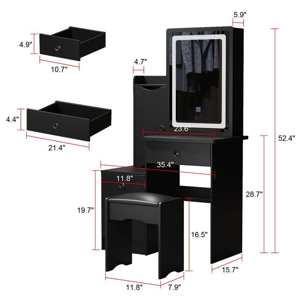 4-Drawers Black Wood LED Push-Pull Mirror Makeup Vanity Sets Dressing Table Sets with Stool, Door Cabinet, Shelves - thumbnail 9