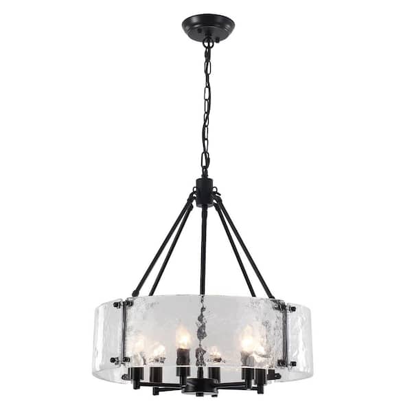 19.68 in. 6-Light Matte Black Drum Chandelier with Glass Shade and No Bulbs Included For Dinning Room Foyer
