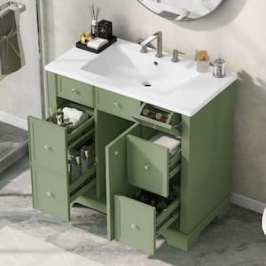 36 in. W x 18 in. D x 33.85 in. H Single Sink Freestanding Bath Vanity in Green with White Ceramic Top and Storage