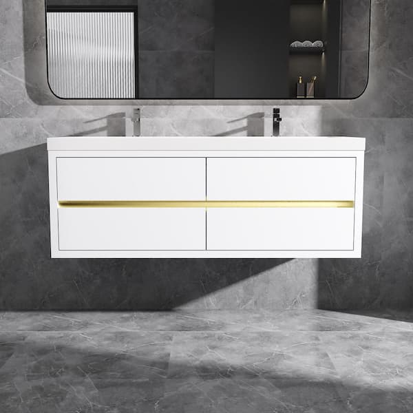 Opvande 60 in. Wall-Mounted Floating Bath Vanity in White with Double Solid Surface Sink Top in White