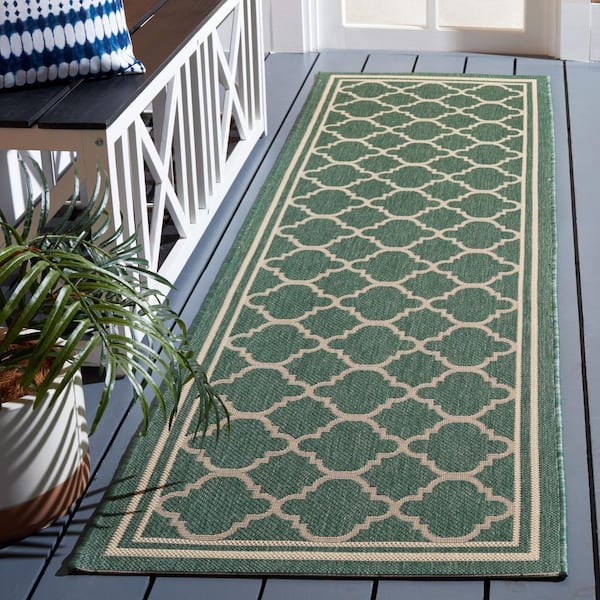 Courtyard Dark Green/Beige 2 ft. x 10 ft. Geometric Moroccan Indoor/Outdoor Runner Rug
