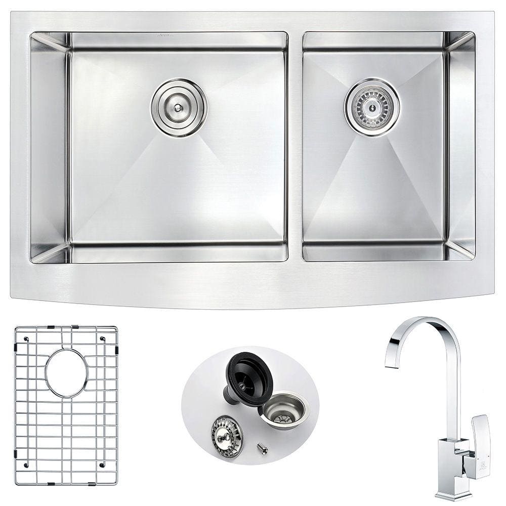 ELYSIAN Farmhouse Stainless Steel 36 in. 0-Hole Kitchen Sink and Faucet Set