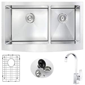 ELYSIAN Farmhouse Stainless Steel 36 in. 0-Hole Kitchen Sink and Faucet Set with Opus Faucet in Brushed Satin