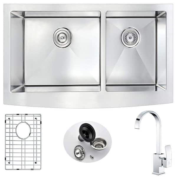ANZZI ELYSIAN Farmhouse Stainless Steel 36 in. 0-Hole Kitchen Sink and Faucet Set with Opus Faucet in Brushed Satin