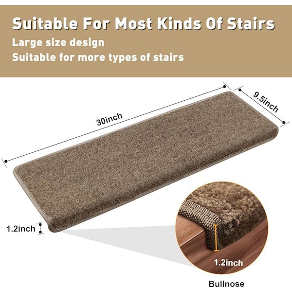 Camel Brown 9.5 in. x 30 in. x 1.2 in. Bullnose Indoor Non-slip Carpet Stair Tread Cover Tape Free Non Slip (Set of 7)