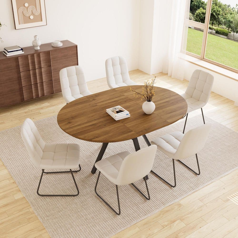 GOJANE 7-Pieces Round Walnut MDF Top Extendable ining Table Set
