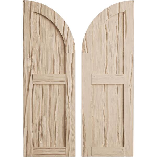 Ekena Millwork 15 in. x 60 in. Polyurethane Riverwood Two Equal Flat Panel w/Quarter Round Arch Top Faux Wood Shutters Primed Tan