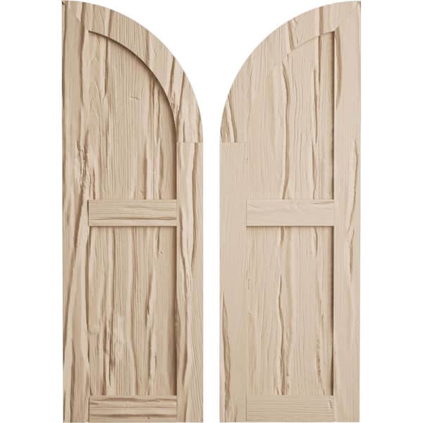 Ekena Millwork 18 in. x 72 in. Polyurethane Riverwood Two Equal Flat Panel with Quarter Round Arch Top Faux Wood Shutters Primed Tan
