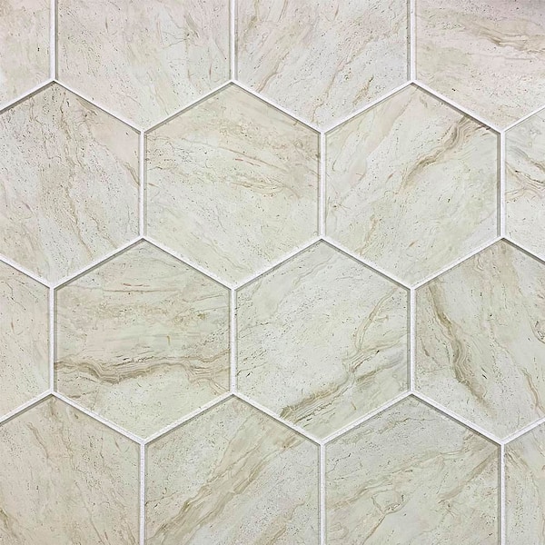 Nature Glossy Beige Hexagon 8 in. x 8 in. Marble Look Glass Wall Tile (14.4 sq.ft./Case)