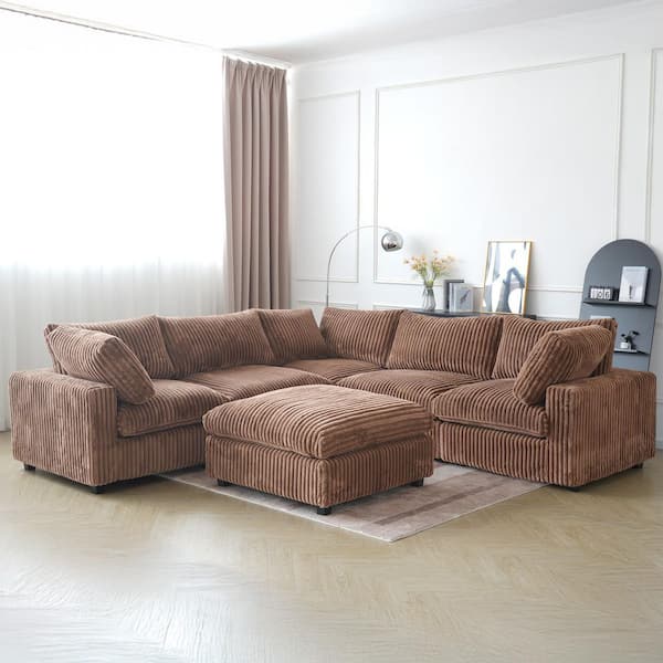 Magic Home Pine Wood Large 118 in. Square Arm Faux Rabbit Fur Velvet V-Shaped Modular Sofa Lawson Cloud Couch with Ottoman in Brown