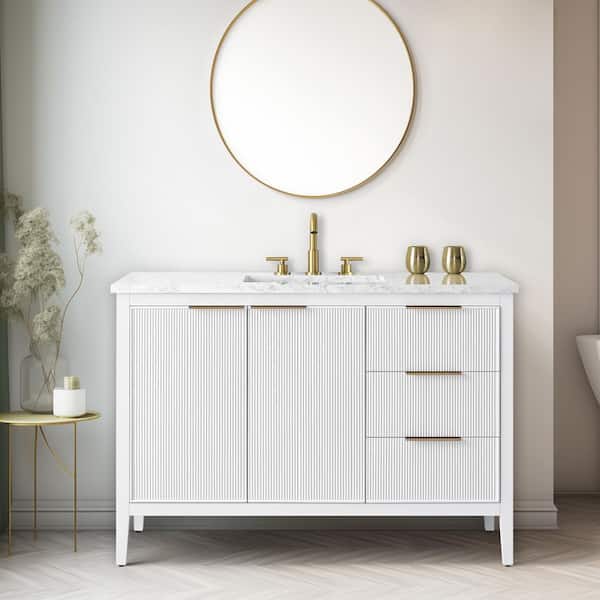 SUDIO Emma 48 in. W Bath Vanity in White with Engineered Stone Top in Arabescato with White Sink
