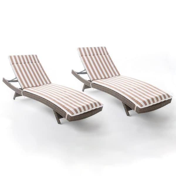 Noble House Miller Multi-Brown Armless 2-Piece Faux Rattan Outdoor Patio Chaise Lounge Set with Brown/ White Stripe Cushions