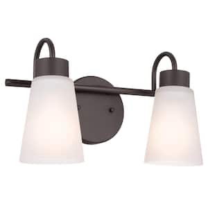 Erma 13.5 in. 2-Light Olde Bronze Traditional Bathroom Vanity Light with Satin Etched Glass Shades