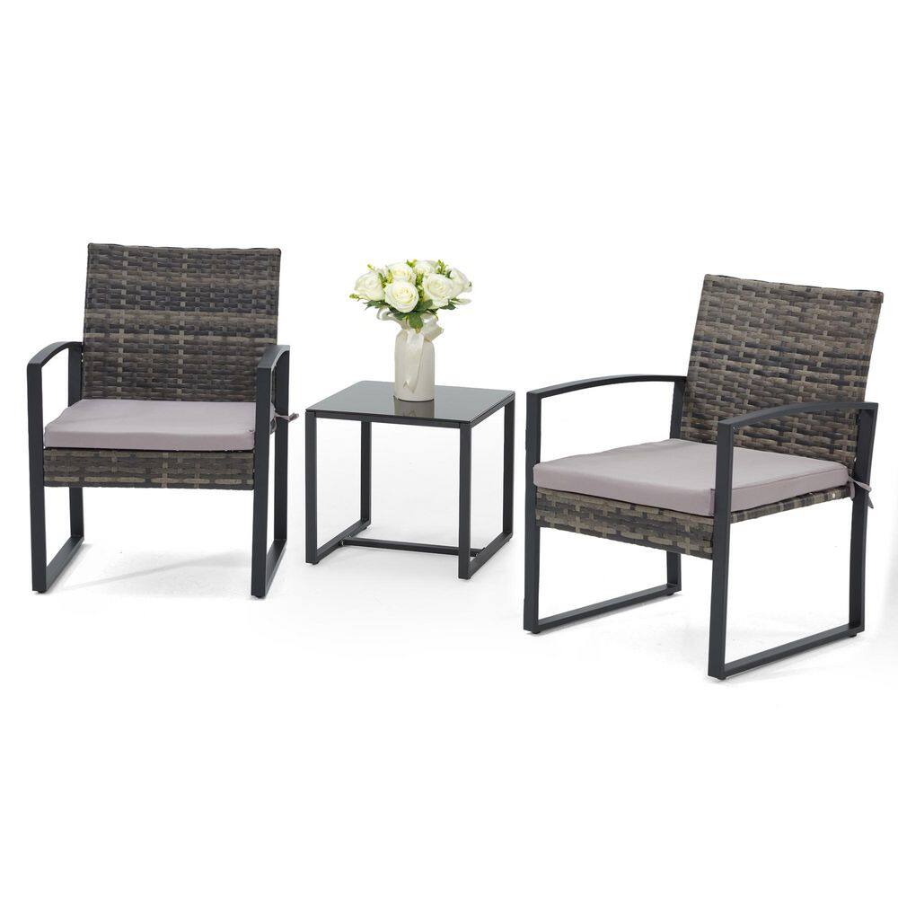 3-Piece Patio Set, Outdoor Wicker Patio Furniture Set, Grey Outdoor Bistro Set with Grey Cushion price history on PriceWatchPro