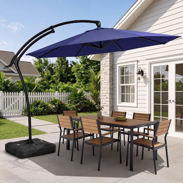 cobana 10 ft patio umbrella offset hanging 10ft Outdoor Offset Hanging Umbrella, Patio Cantilever Market Umbrella with  Solar Panel, Crank System, 24 LED Lights and 8 Steel Ribs, UV Resistant
