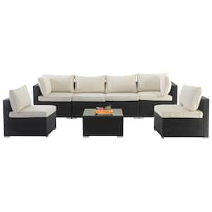 7-Piece Wicker Patio Conversation Sectional Seating Set with Beige Couch Cushions and Coffee Table