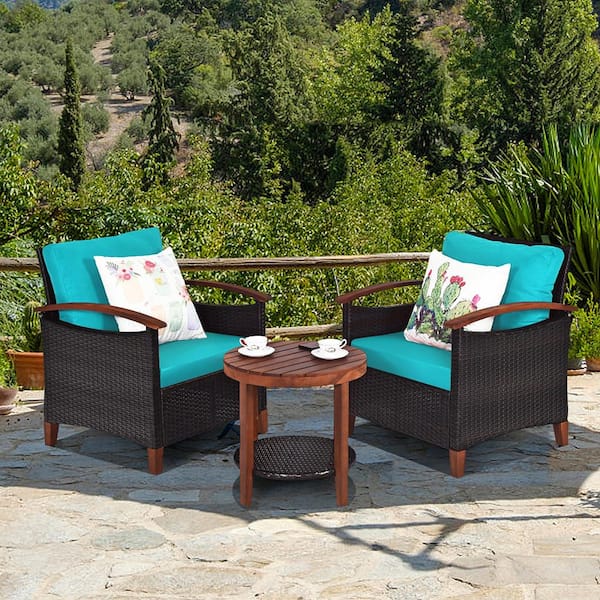 Brown 3-Piece Wicker Patio Conversation Set Outdoor Rattan Bistro Set with Blue Cushions