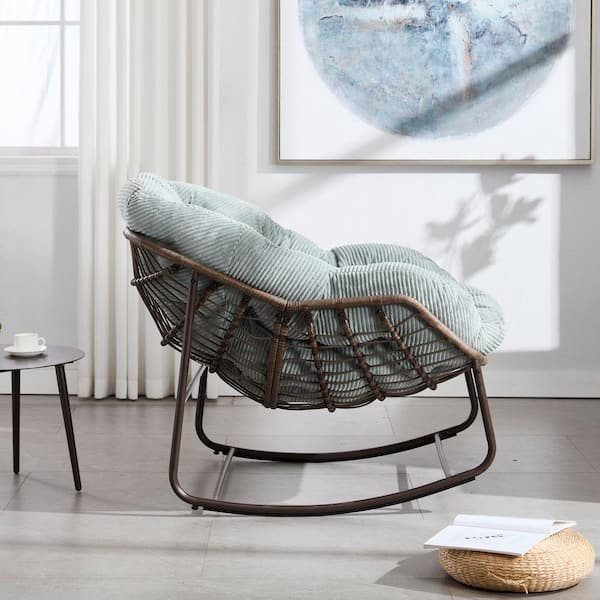 Wicker Outdoor Rocking Chair with Light Green Cushion, Rattan