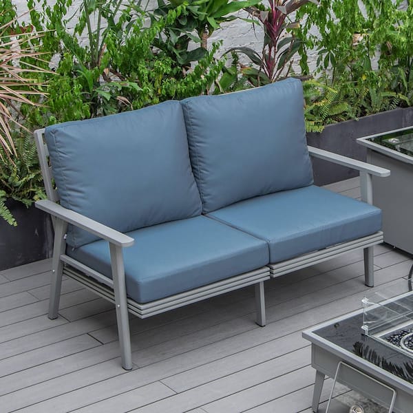 Leisuremod Walbrooke Modern Patio Loveseat with Grey Aluminum Frame and Navy Blue Removable Cushions