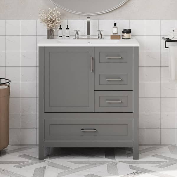 30 in. Single Sink Freestanding Gray Solid Wood Frame Bath Vanity with White Ceramic Top, Removable Tray