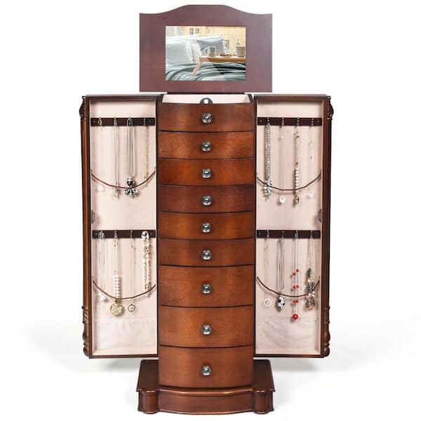 Costway Jewelry Cabinet Storage Chest Stand Organizer Wood Box Walnut