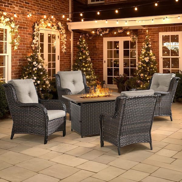 5-Piece Brown Wicker Patio Chairs for 4 with Gas Propane Fire Pit Table Sets Beige Cushions