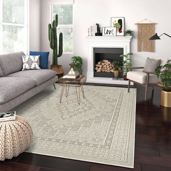 Liguria Sarzana Dove Grey 5 ft. x 8 ft. Contemporary Flatweave Geometric Polypropylene Rectangle Indoor/Outdoor Area Rug
