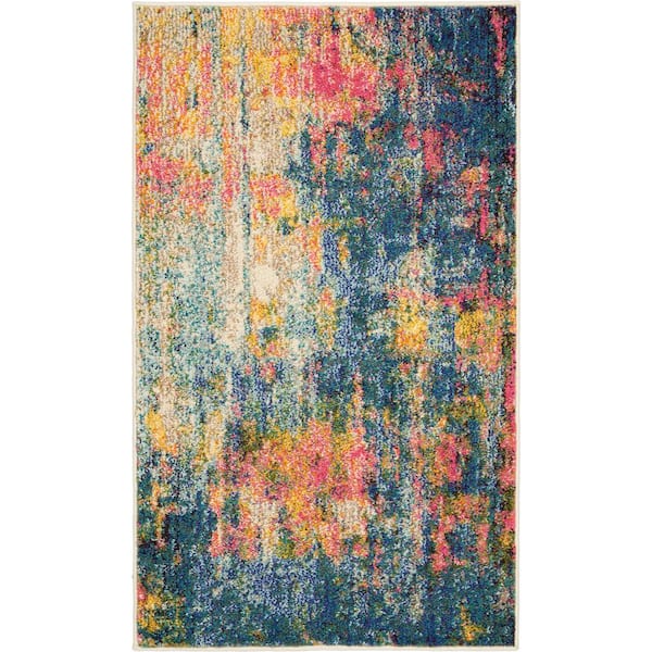 Nourison Celestial Blue/Yellow doormat 2 ft. x 4 ft. Abstract Contemporary Kitchen Area Rug