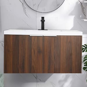 FLOATING 36 in. Wx 18 in. Dx 19 in. H Wall Mount Bath Vanity in Walnut with Concealed Handle White Single Sink Resin Top