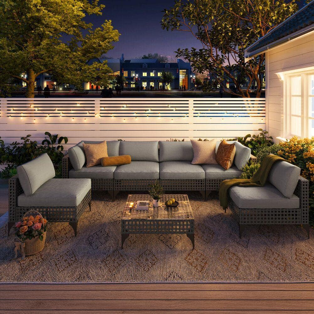 Tenleaf 7-Piece Gray Wicker Patio Conversation Set with Gray Cushions ...