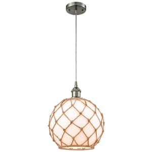 Farmhouse Rope 1-Light Brushed Satin Nickel Globe Pendant Light with White Glass with Brown Rope Glass and Rope Shade