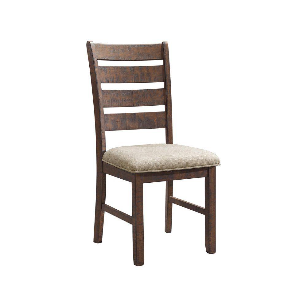 A cherry wood ladder-back dining chair.